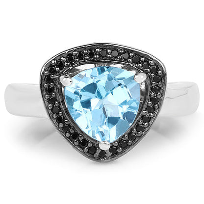 Ring with triangle-cut blue topaz centerpiece and black diamond halo in .925 silver by Bids.com on Tampa Home & Garden Store