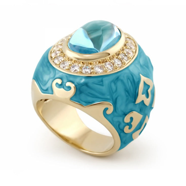 The Eilat Cocktail Ring turquoise enamel gold-tone setting, gemstone center, diamond halo on Tampa Home & Garden Store