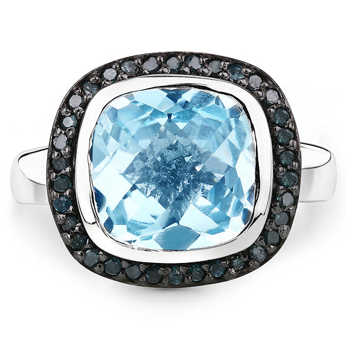 Sterling silver ring with cushion-cut Swiss blue topaz center and black diamond halo on Tampa Home & Garden Store