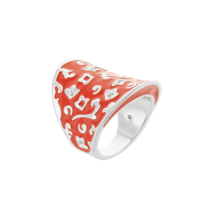 Fleur De Love Cocktail Ring red enamel with white scrollwork and crystals by Lauren G Adams on Tampa Home & Garden Store