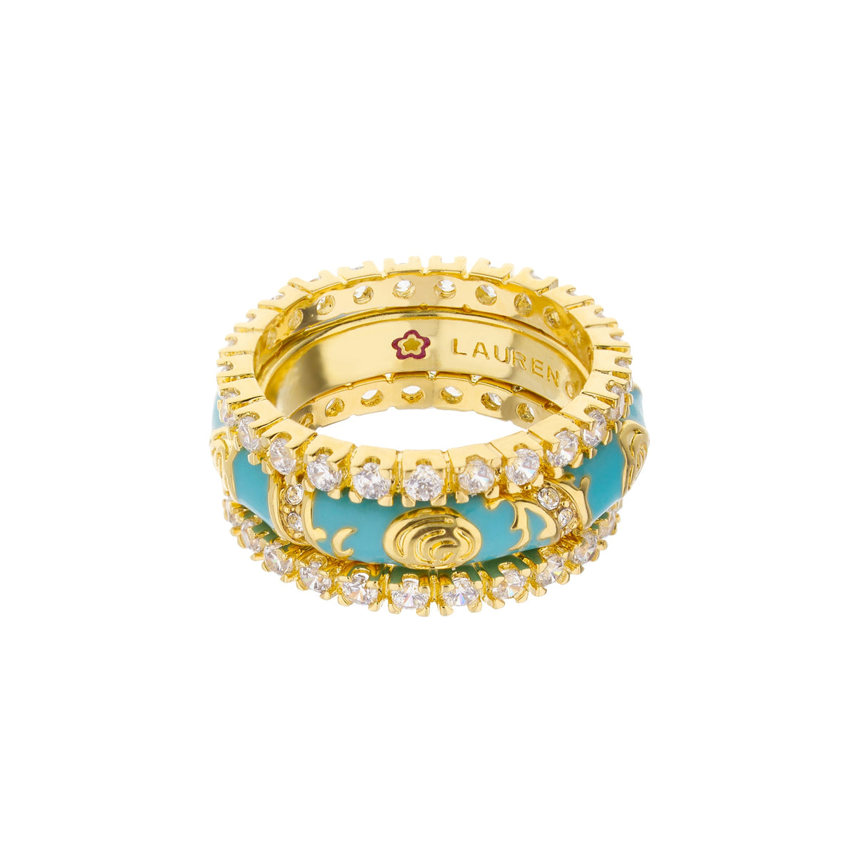 Stackable Fiesta Ring Set by Lauren G Adams, gold-tone rings with turquoise enamel and crystals on Tampa Home & Garden Store