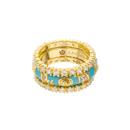 Stackable Fiesta Ring Set by Lauren G Adams, gold-tone rings with turquoise enamel and crystals on Tampa Home & Garden Store