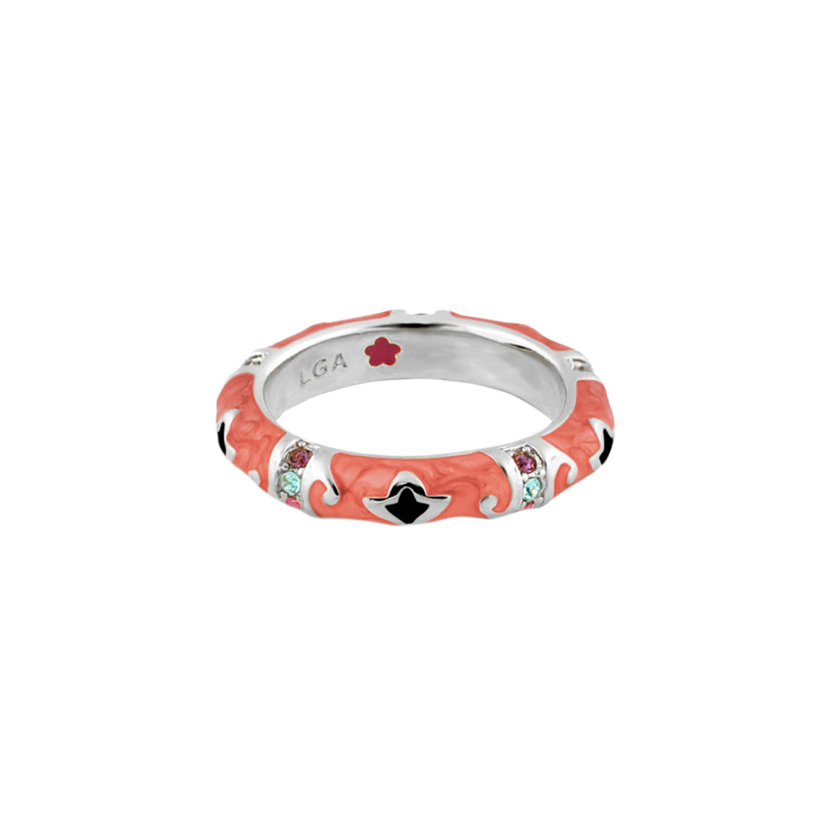 Stackable Ring Swirl & Petal Inlay coral enamel on silver band with crystal accents by Lauren G Adams on Tampa Home & Garden Store