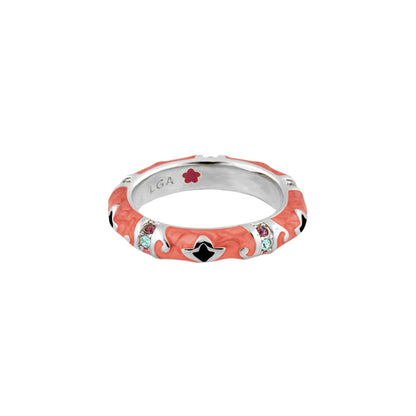 Stackable Ring Swirl & Petal Inlay coral enamel on silver band with crystal accents by Lauren G Adams on Tampa Home & Garden Store