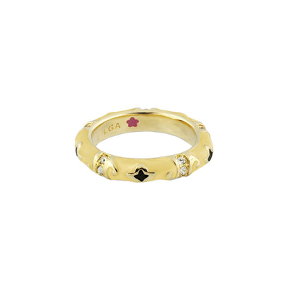 Stackable Fiesta Ring - Swirl & Petal Inlay, gold tone, black enamel accents LGA inside on Tampa Home & Garden Store