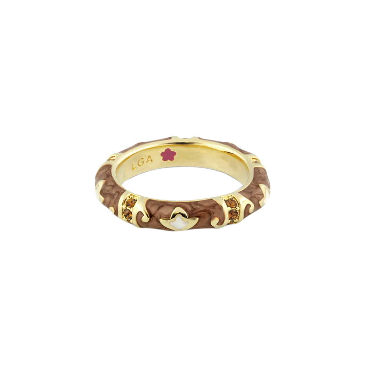 Stackable Fiesta Ring by Lauren G Adams, gold band with brown swirl and petal inlay on Tampa Home & Garden Store