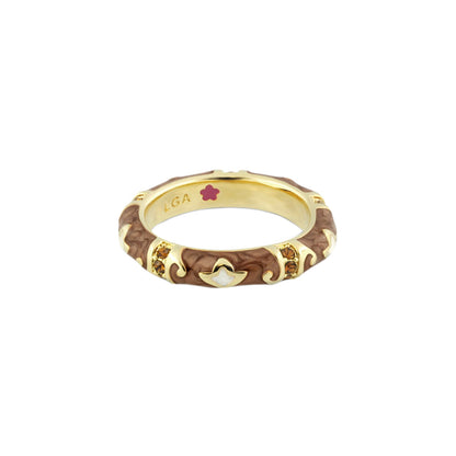 Stackable Fiesta Ring by Lauren G Adams, gold band with brown swirl and petal inlay on Tampa Home & Garden Store