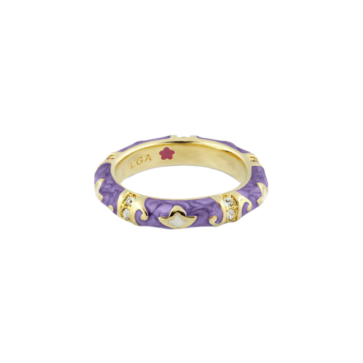 Stackable Fiesta Ring - Swirl & Petal Inlay, purple enamel, gold-tone band, crystals, LGA stamp on Tampa Home & Garden Store