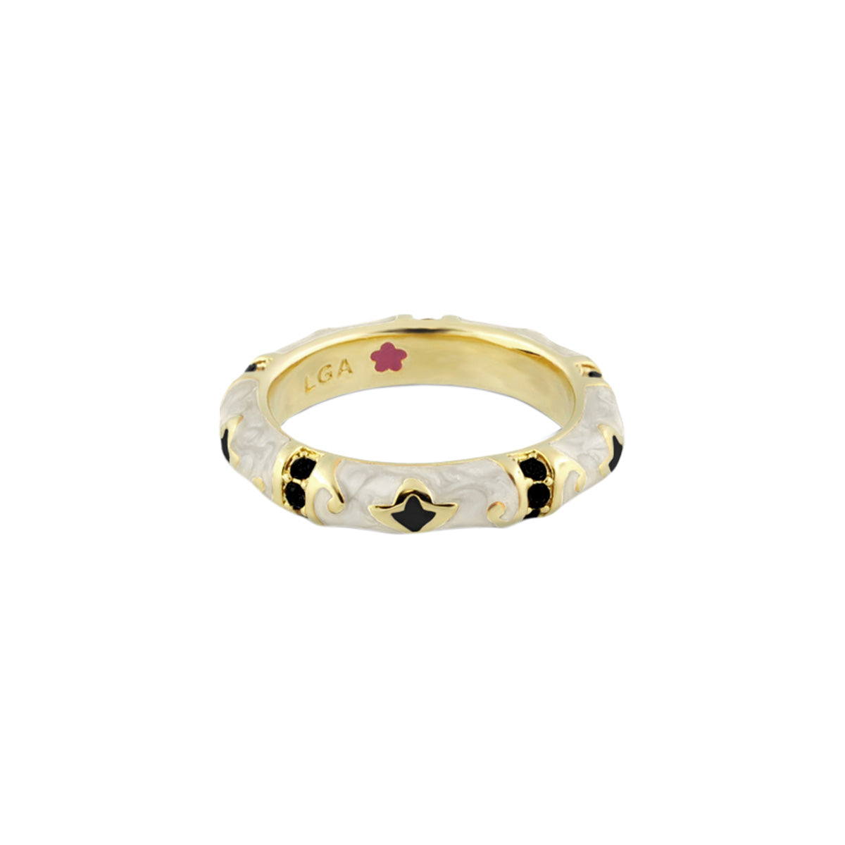 Stackable Fiesta Ring Swirl & Petal Inlay gold band with white inlay black/pink accents LGA on Tampa Home & Garden Store