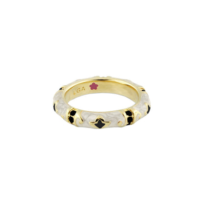 Stackable Fiesta Ring Swirl & Petal Inlay gold band with white inlay black/pink accents LGA on Tampa Home & Garden Store