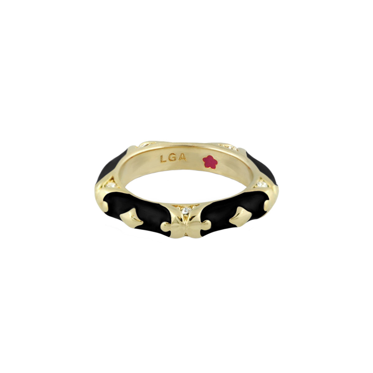 Stackable Fiesta Ring by Lauren G Adams, gold-tone band with black enamel scrolls on Tampa Home & Garden Store