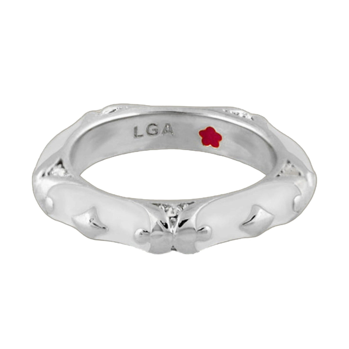 Stackable Fiesta Ring by Lauren G Adams in silver with tone-on-tone and red flower accents on Tampa Home & Garden Store