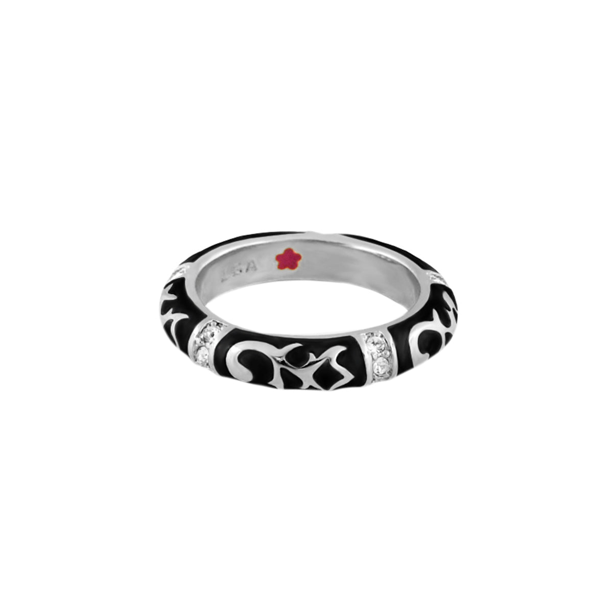 Stackable Fiesta Ring — Scroll & Star black enamel with silver-tone band and pavé crystals on Tampa Home & Garden Store