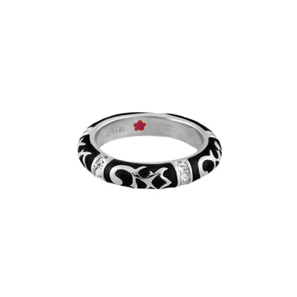 Stackable Fiesta Ring — Scroll & Star black enamel with silver-tone band and pavé crystals on Tampa Home & Garden Store
