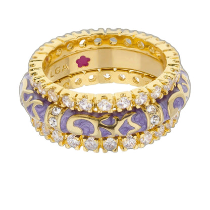Stackable Fiesta Ring Set by Lauren G Adams, gold-tone rings with purple enamel and crystals on Tampa Home & Garden Store