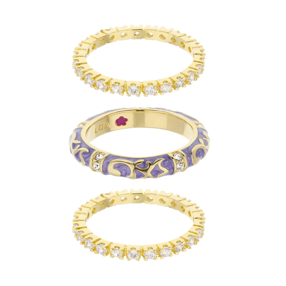Stackable Fiesta Ring Set Lauren G Adams; 3 gold-tone rings with diamonds and purple enamel on Tampa Home & Garden Store