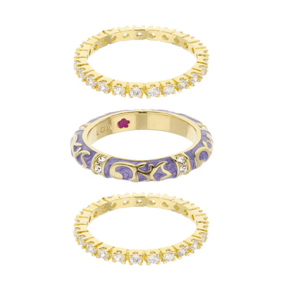 Stackable Fiesta Ring Set Lauren G Adams; 3 gold-tone rings with diamonds and purple enamel on Tampa Home & Garden Store