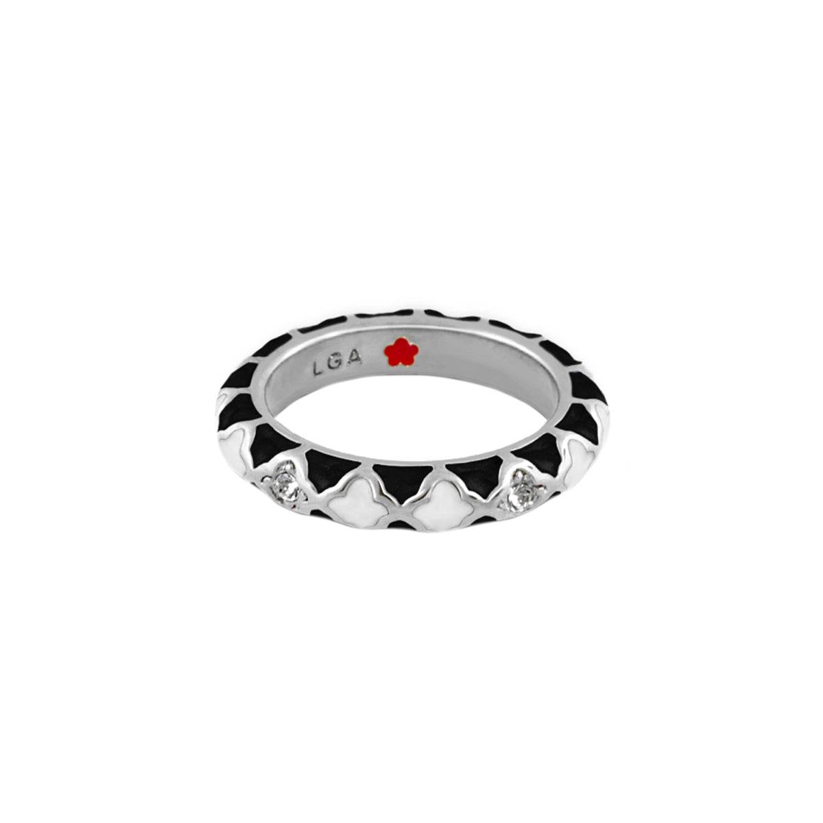 Stackable Fiesta Ring Quatrefoil Inlay by LGA, silver band with black enamel and crystals on Tampa Home & Garden Store