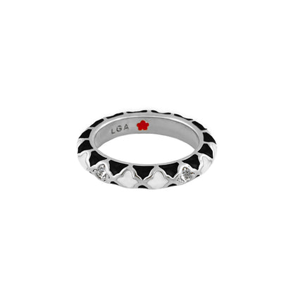Stackable Fiesta Ring Quatrefoil Inlay by LGA, silver band with black enamel and crystals on Tampa Home & Garden Store