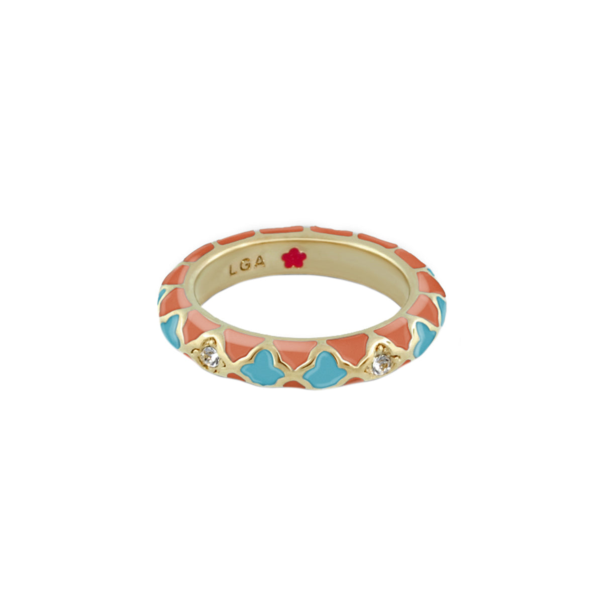 Stackable Fiesta Ring — Quatrefoil Inlay, gold-tone with coral and turquoise enamel on Tampa Home & Garden Store