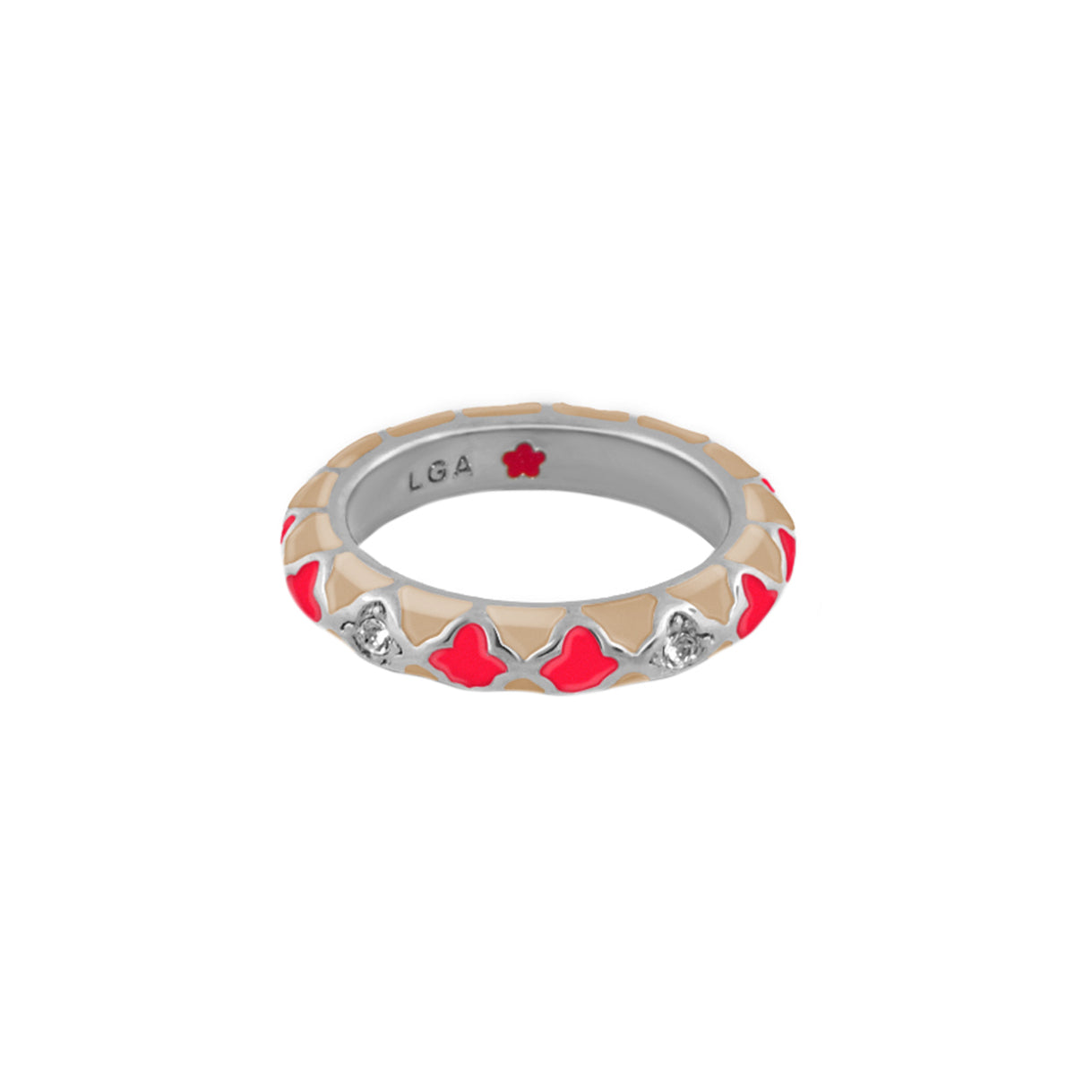 Stackable Fiesta Ring — Quatrefoil Inlay with beige tan segments and red hearts LGA inside on Tampa Home & Garden Store