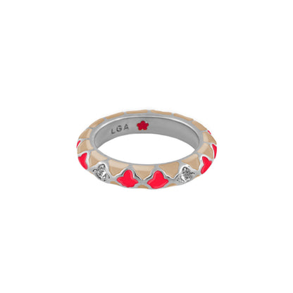 Stackable Fiesta Ring — Quatrefoil Inlay with beige tan segments and red hearts LGA inside on Tampa Home & Garden Store