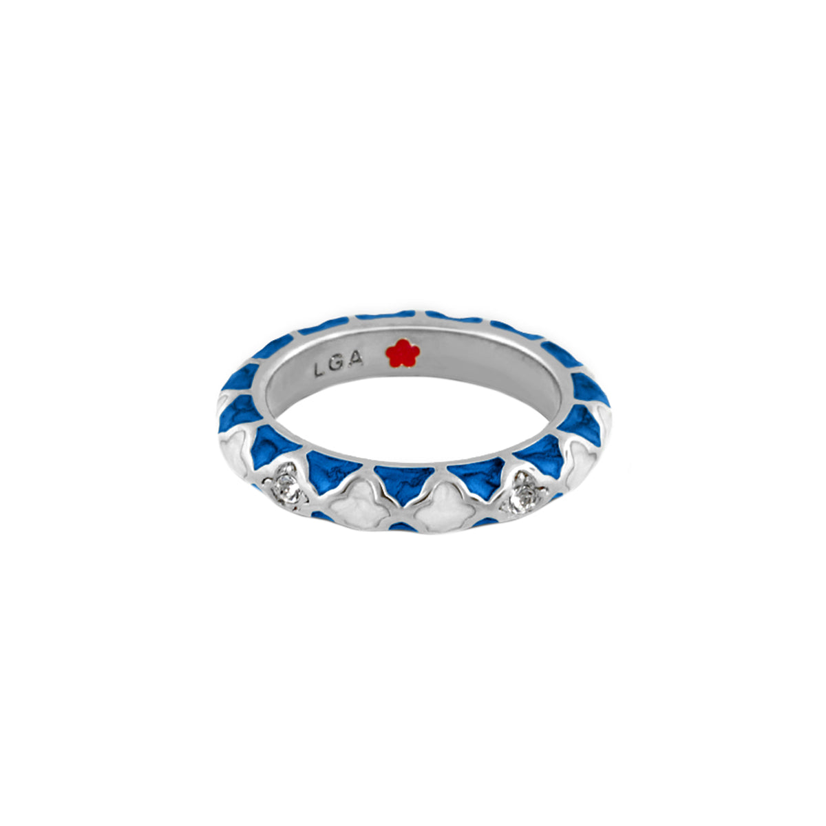 Stackable Fiesta Ring Quatrefoil Inlay on silver band with blue enamel triangles and LGA stamp on Tampa Home & Garden Store