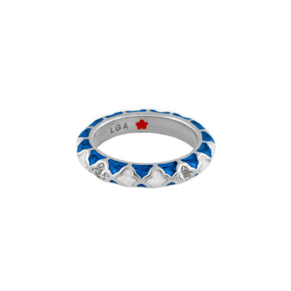 Stackable Fiesta Ring Quatrefoil Inlay on silver band with blue enamel triangles and LGA stamp on Tampa Home & Garden Store