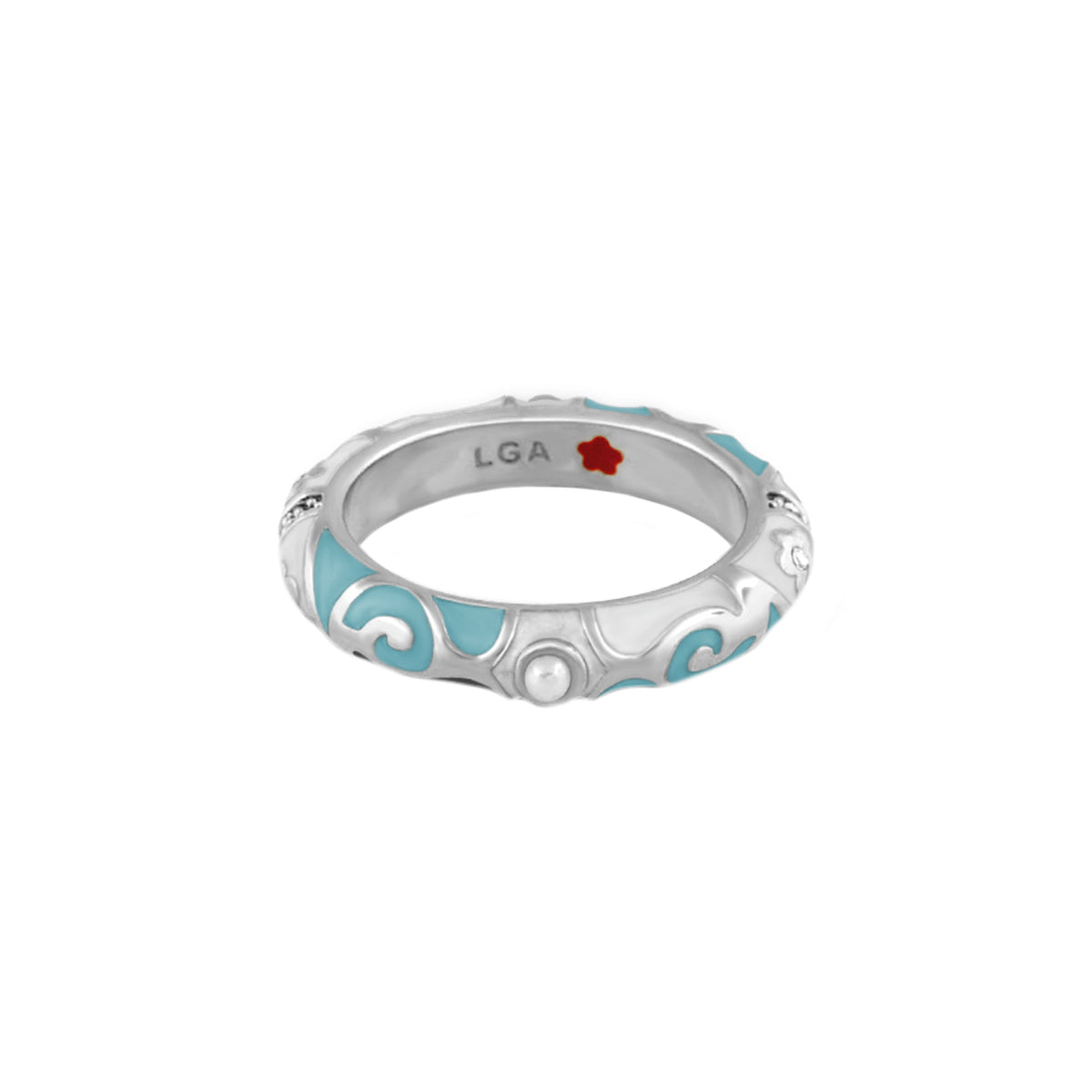 Stackable Fiesta Ring Pearl & Swirl LGA, silver band with turquoise enamel swirls and pearl on Tampa Home & Garden Store