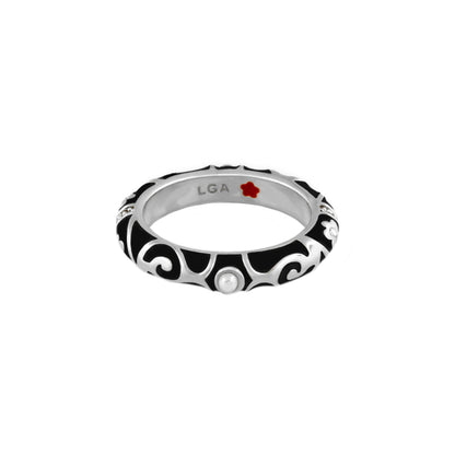 Stackable Fiesta Ring — Pearl & Swirl in black enamel with white pearl accent, LGA interior stamp on Tampa Home & Garden Store