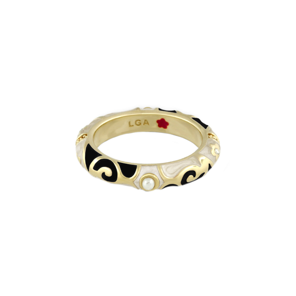 Stackable Fiesta Ring Pearl & Swirl LGA, gold-tone band with black/white enamel swirls on Tampa Home & Garden Store