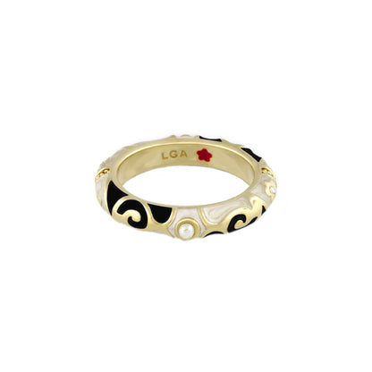 Stackable Fiesta Ring Pearl & Swirl LGA, gold-tone band with black/white enamel swirls on Tampa Home & Garden Store