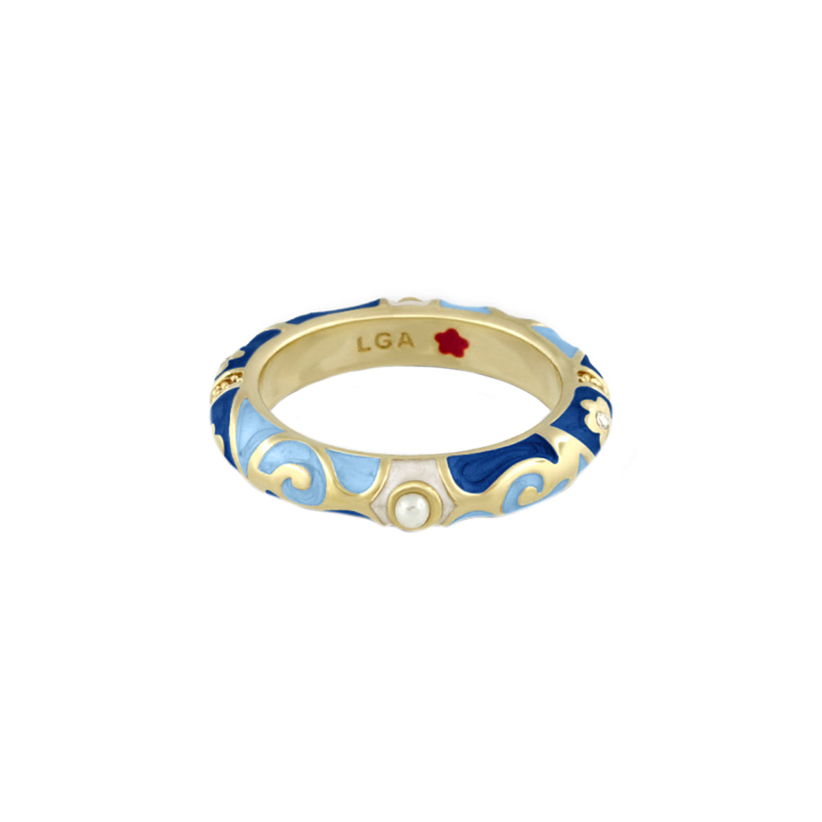 Stackable Fiesta Ring by Lauren G Adams in gold with blue enamel swirls and a pearl accent on Tampa Home & Garden Store