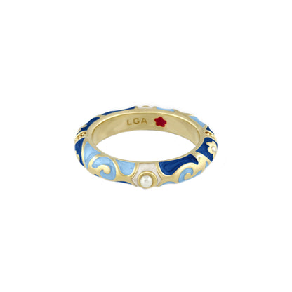 Stackable Fiesta Ring by Lauren G Adams in gold with blue enamel swirls and a pearl accent on Tampa Home & Garden Store