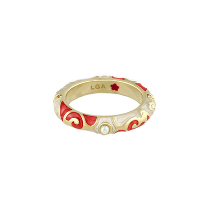 Stackable Fiesta Ring by Lauren G Adams, gold ring with red enamel swirl and pearl on Tampa Home & Garden Store