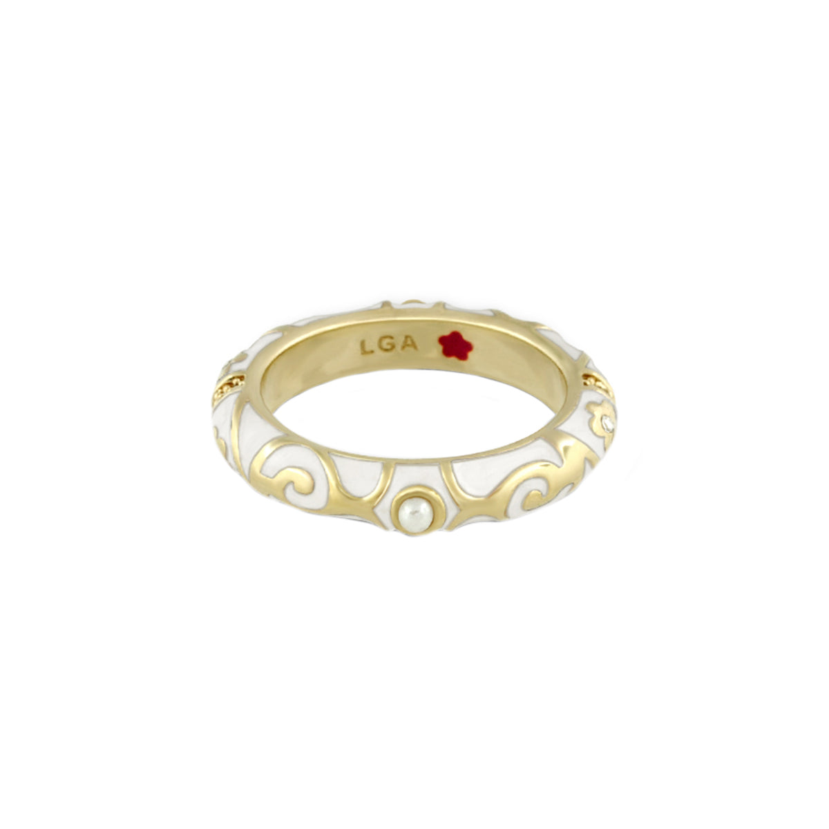Stackable Fiesta Ring Pearl & Swirl, gold-tone with enamel, pearl accents, Lauren Adams on Tampa Home & Garden Store