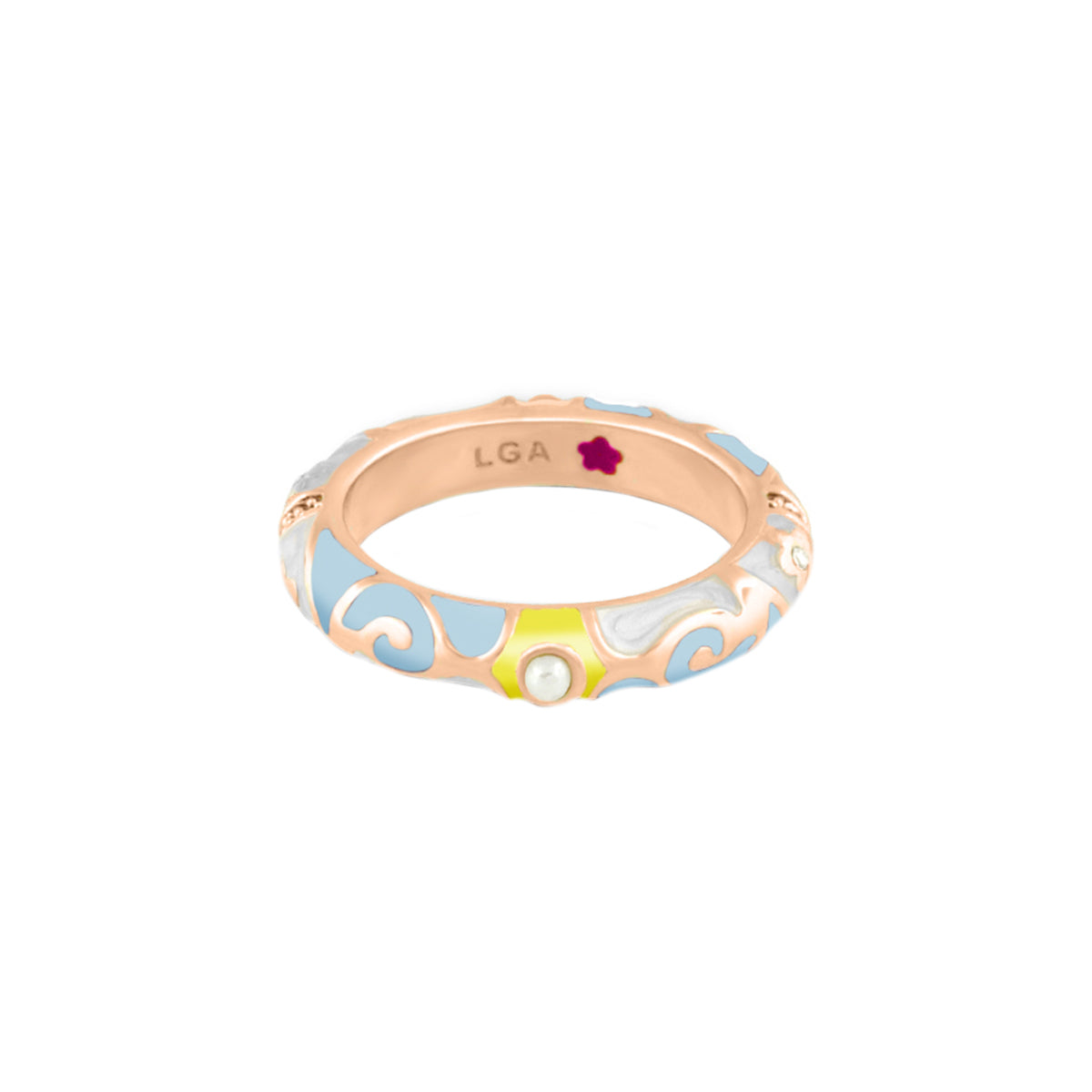 Stackable Fiesta Ring Pearl & Swirl in rose gold with blue enamel and a pearl accent by LGA on Tampa Home & Garden Store