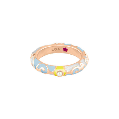 Stackable Fiesta Ring Pearl & Swirl in rose gold with blue enamel and a pearl accent by LGA on Tampa Home & Garden Store
