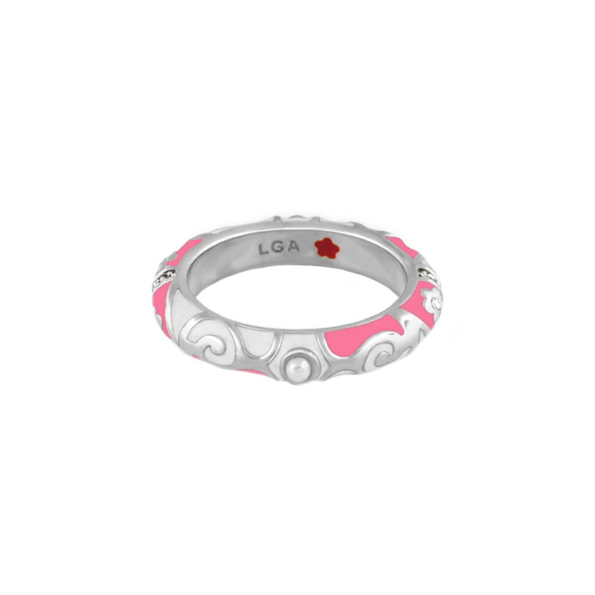 Stackable Fiesta Ring Pearl & Swirl pink enamel on silver band with pearl by Lauren G Adams on Tampa Home & Garden Store