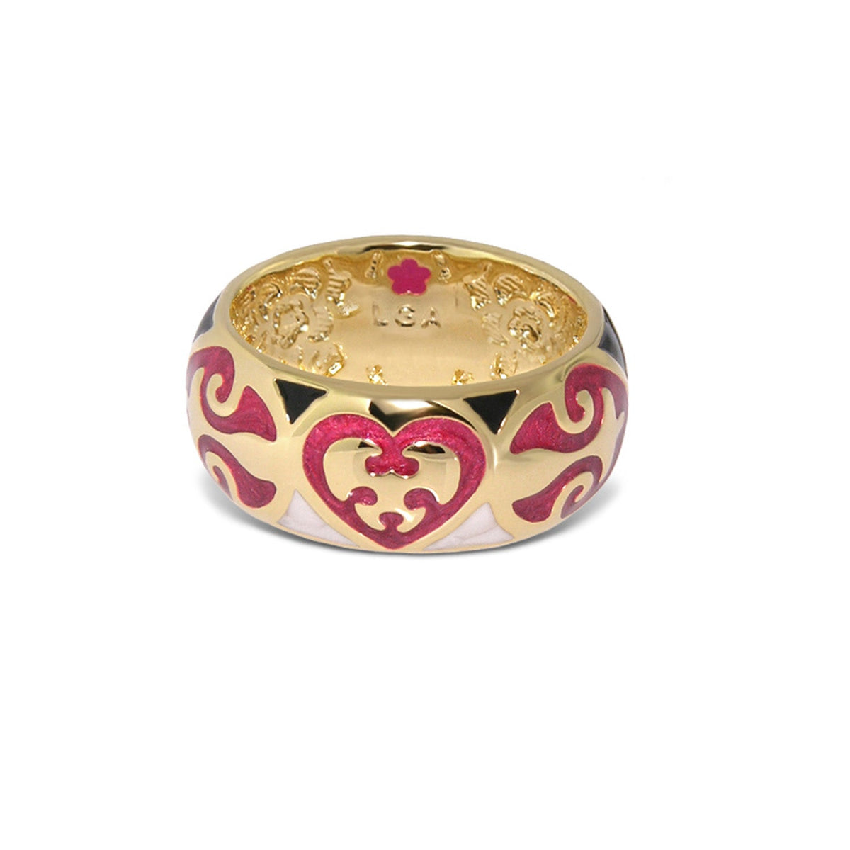 Hearts Ring by Lauren G Adams, wide gold-tone band with pink heart enamel and scrollwork on Tampa Home & Garden Store