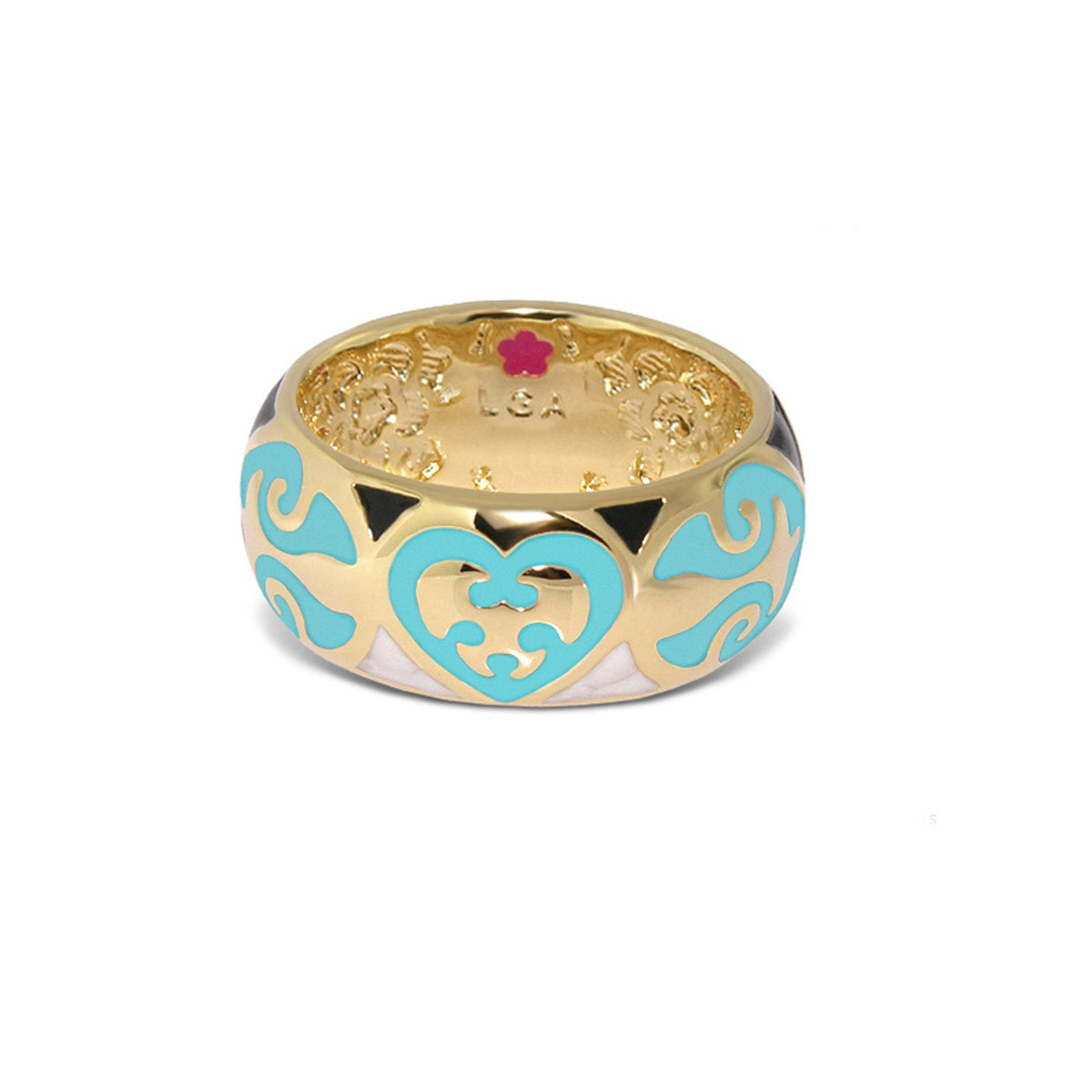 Hearts Ring band ring gold with turquoise heart enamel and pink flower accents by Lauren G Adams on Tampa Home & Garden Store