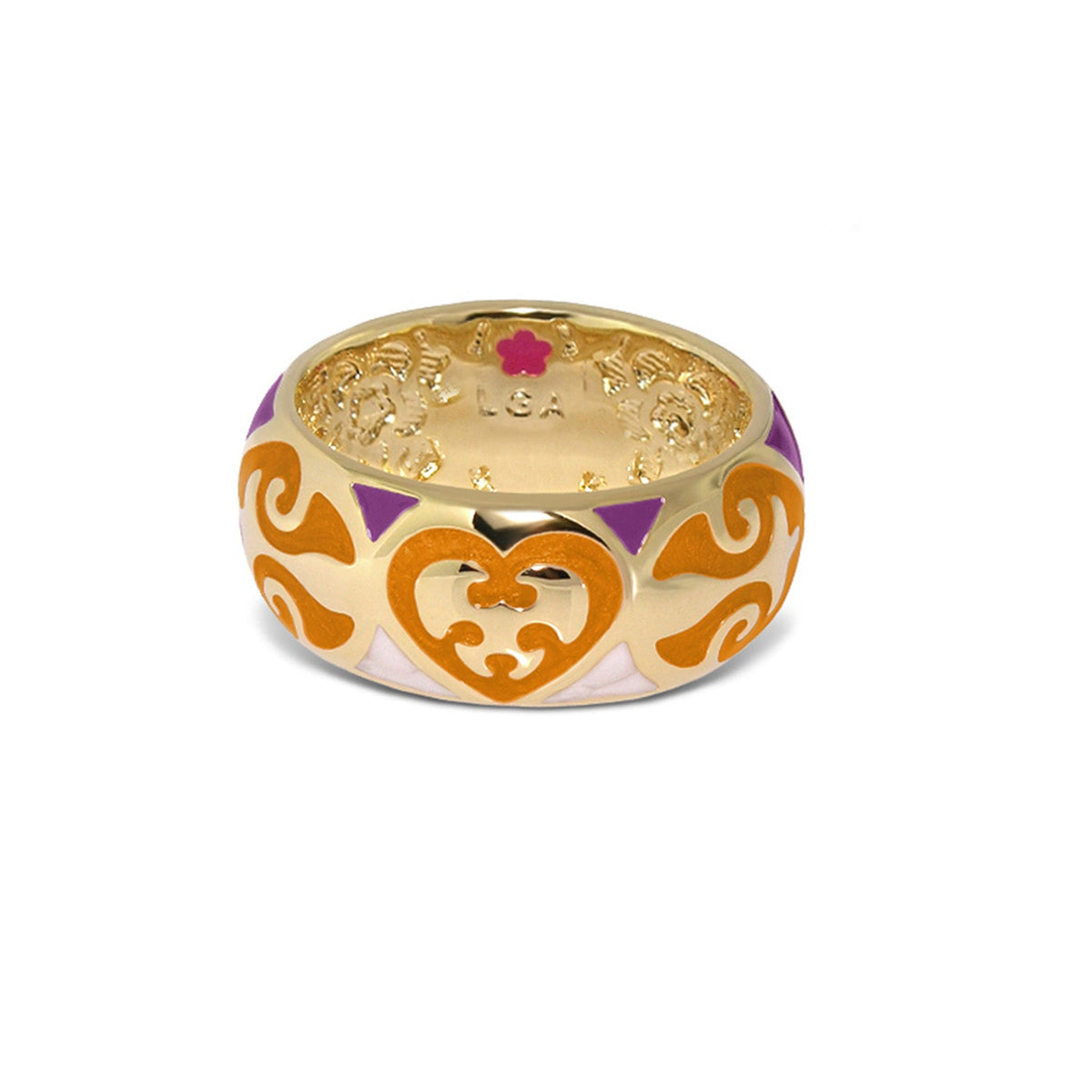 Hearts Band Ring by Lauren G Adams, gold-tone with orange heart motif and purple enamel accents on Tampa Home & Garden Store
