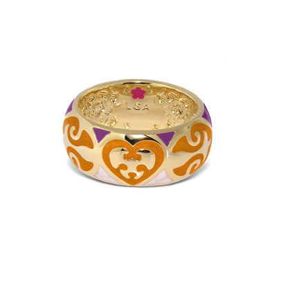Hearts Band Ring by Lauren G Adams, gold-tone with orange heart motif and purple enamel accents on Tampa Home & Garden Store