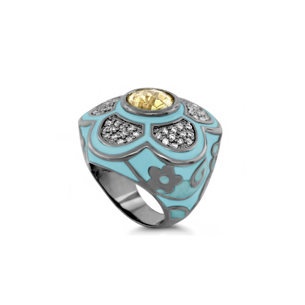 Daisy Swirl Cocktail Ring by Lauren G Adams, turquoise enamel with pavé crystals and yellow gem on Tampa Home & Garden Store