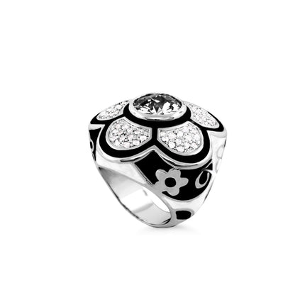 Daisy Swirl Cocktail Ring by Lauren G Adams, silver with black enamel petals and pavé diamonds on Tampa Home & Garden Store