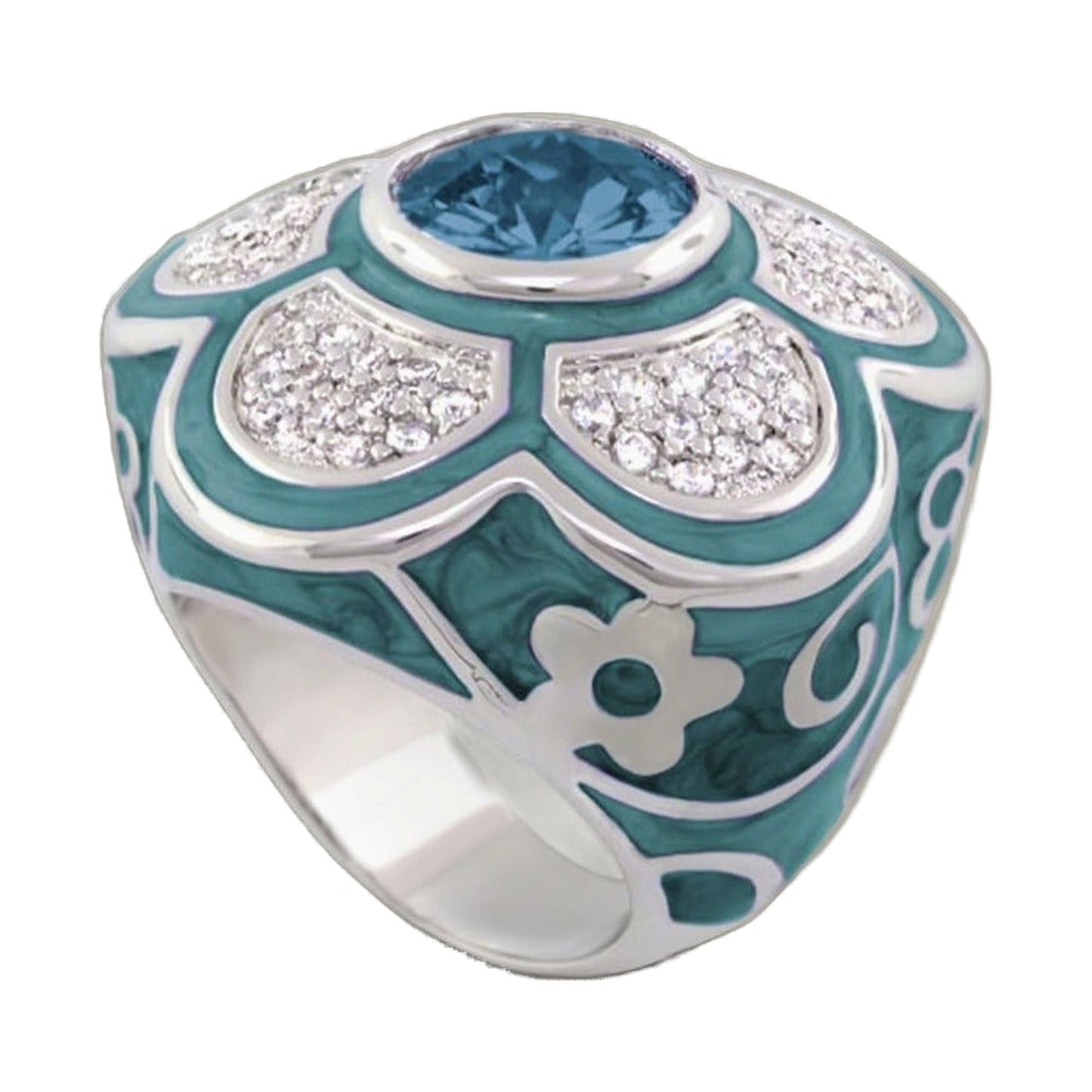 Daisy Swirl Cocktail Ring by Lauren G Adams with teal enamel and blue gemstone centerpiece on Tampa Home & Garden Store