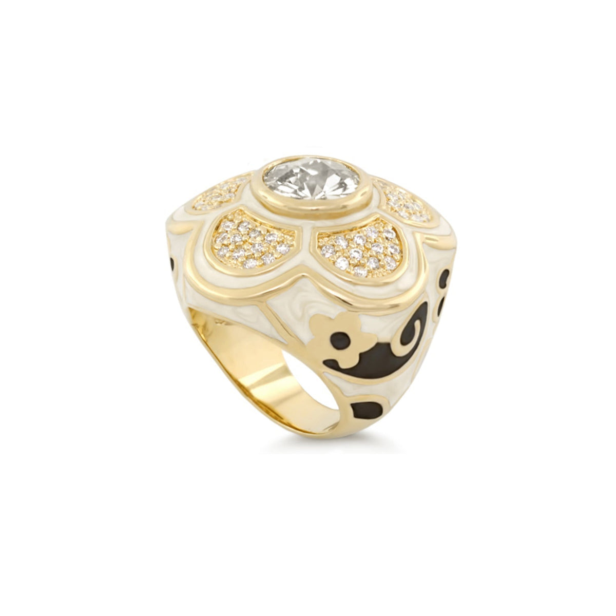 Daisy Swirl Cocktail Ring, gold with white enamel and pave diamonds, Lauren G Adams center stone on Tampa Home & Garden Store