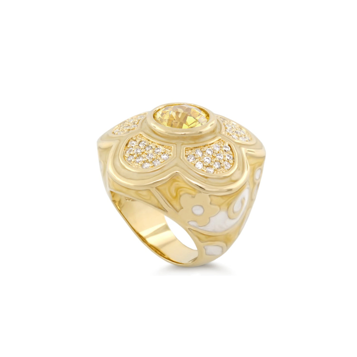 Daisy Swirl Cocktail Ring Lauren G Adams, gold with yellow center stone and pave diamonds on Tampa Home & Garden Store