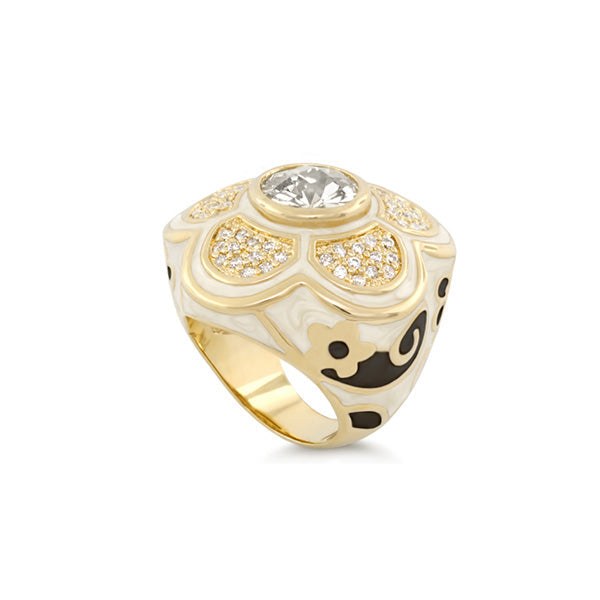 Daisy Swirl Cocktail Ring by Lauren G Adams with gold-tone band and central clear gem on Tampa Home & Garden Store