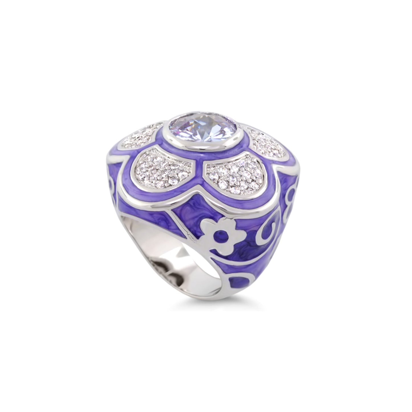 Daisy Swirl Cocktail Ring by Lauren G Adams, purple enamel with pavé crystals and gem on Tampa Home & Garden Store